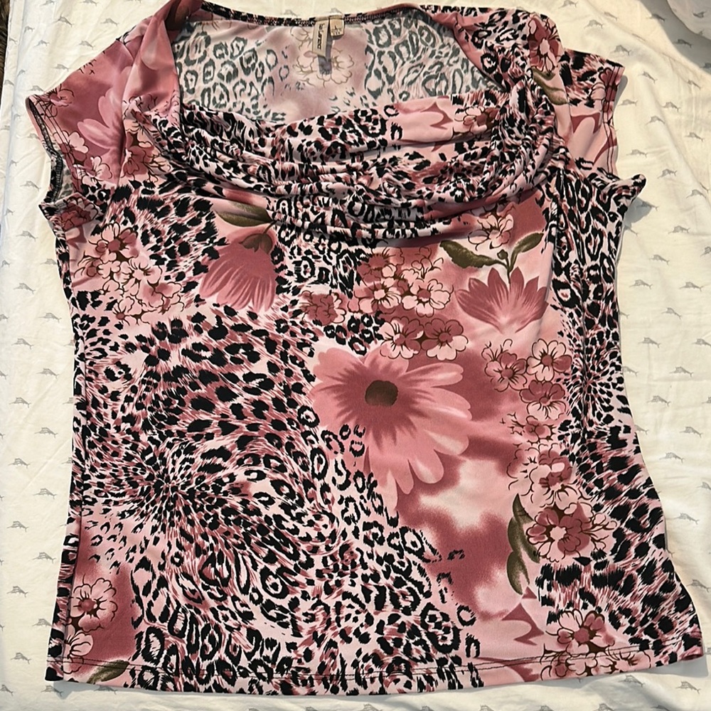 Susan Lawrence Animal Print Cap Sleeve Top Size L